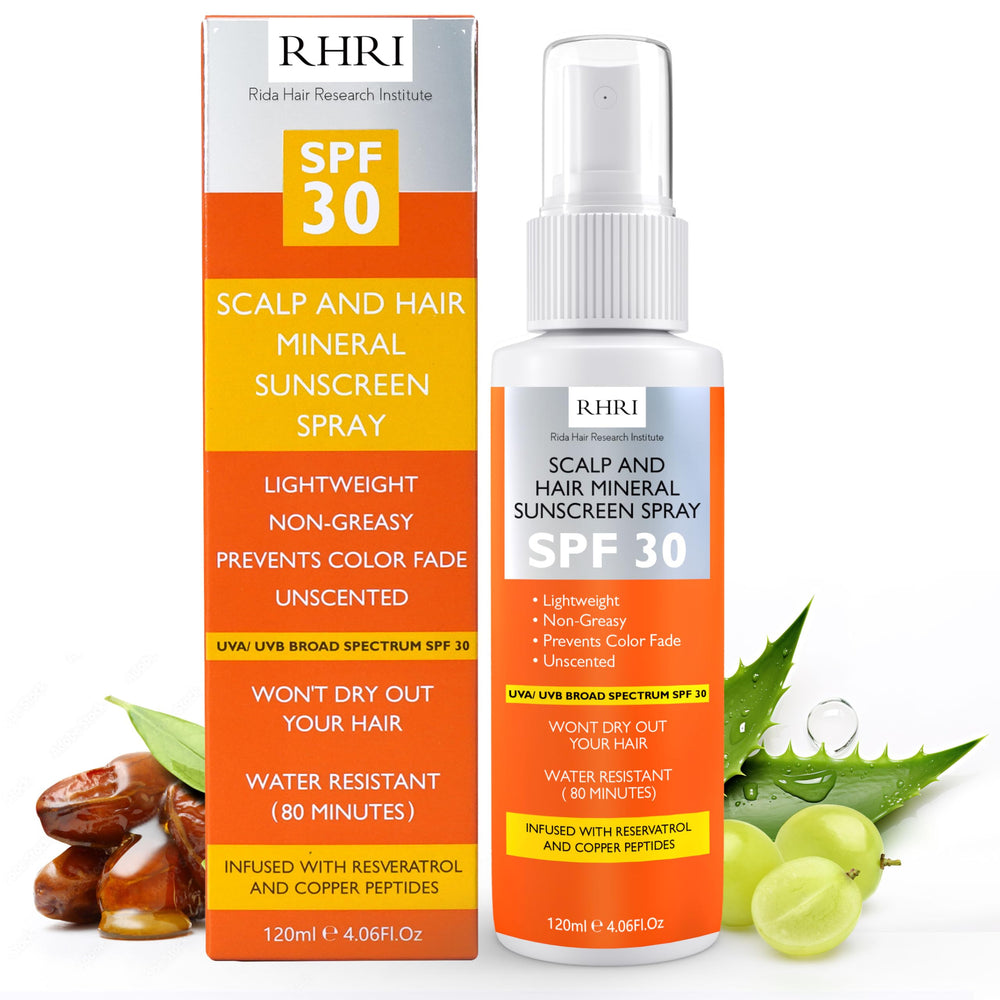 Rida Hair Premium SPF30 spray bottle provides scalp UV protection for sunny days