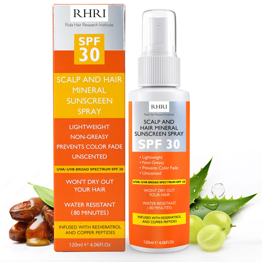 Rida Hair Premium SPF30 spray bottle provides scalp UV protection for sunny days