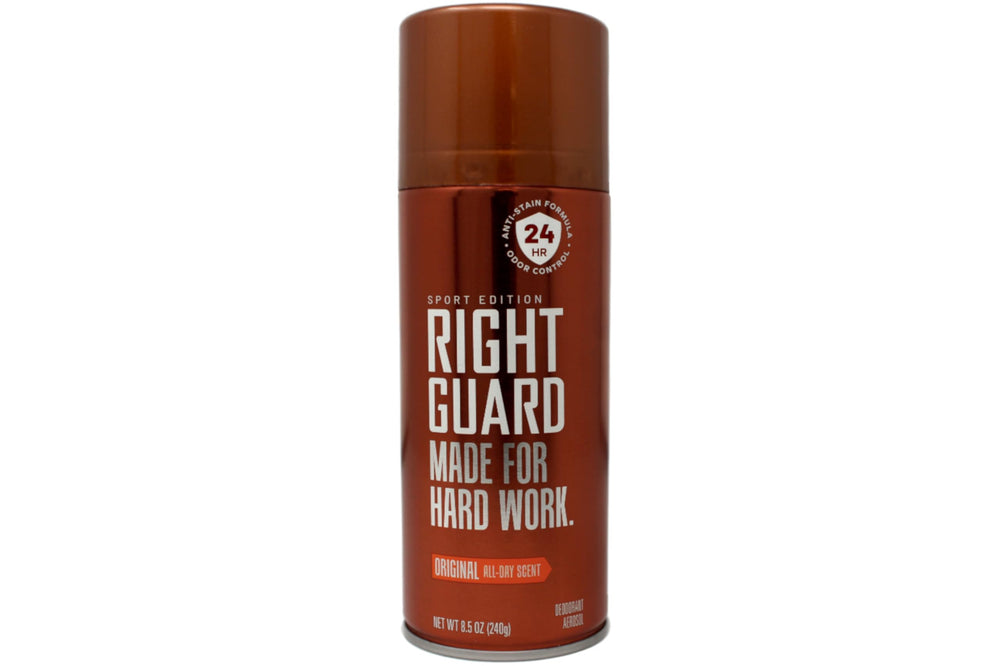 Right Guard Original deodorant spray demonstrates 24-hour odor control for active days.