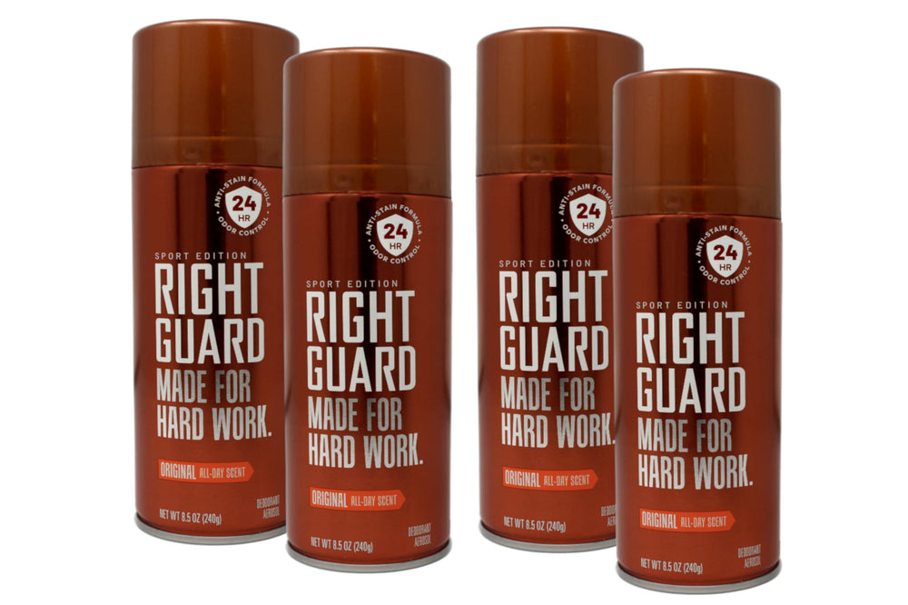 Right Guard Original deodorant spray underarm application for long-lasting freshness.