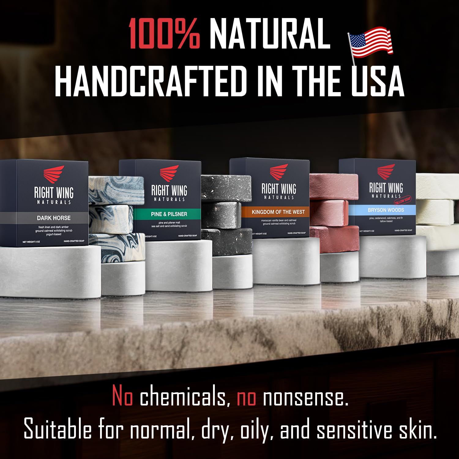 Right Wing Naturals Frontiersman soap bars collection, variety for gifting.