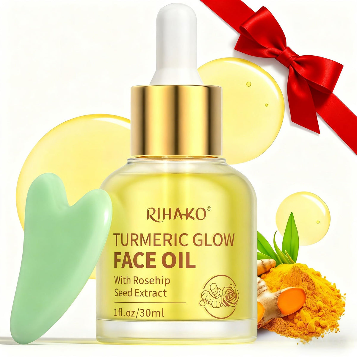 RIHAKO Turmeric Rosehip Face Oil bottle for lightweight hydration and radiance.