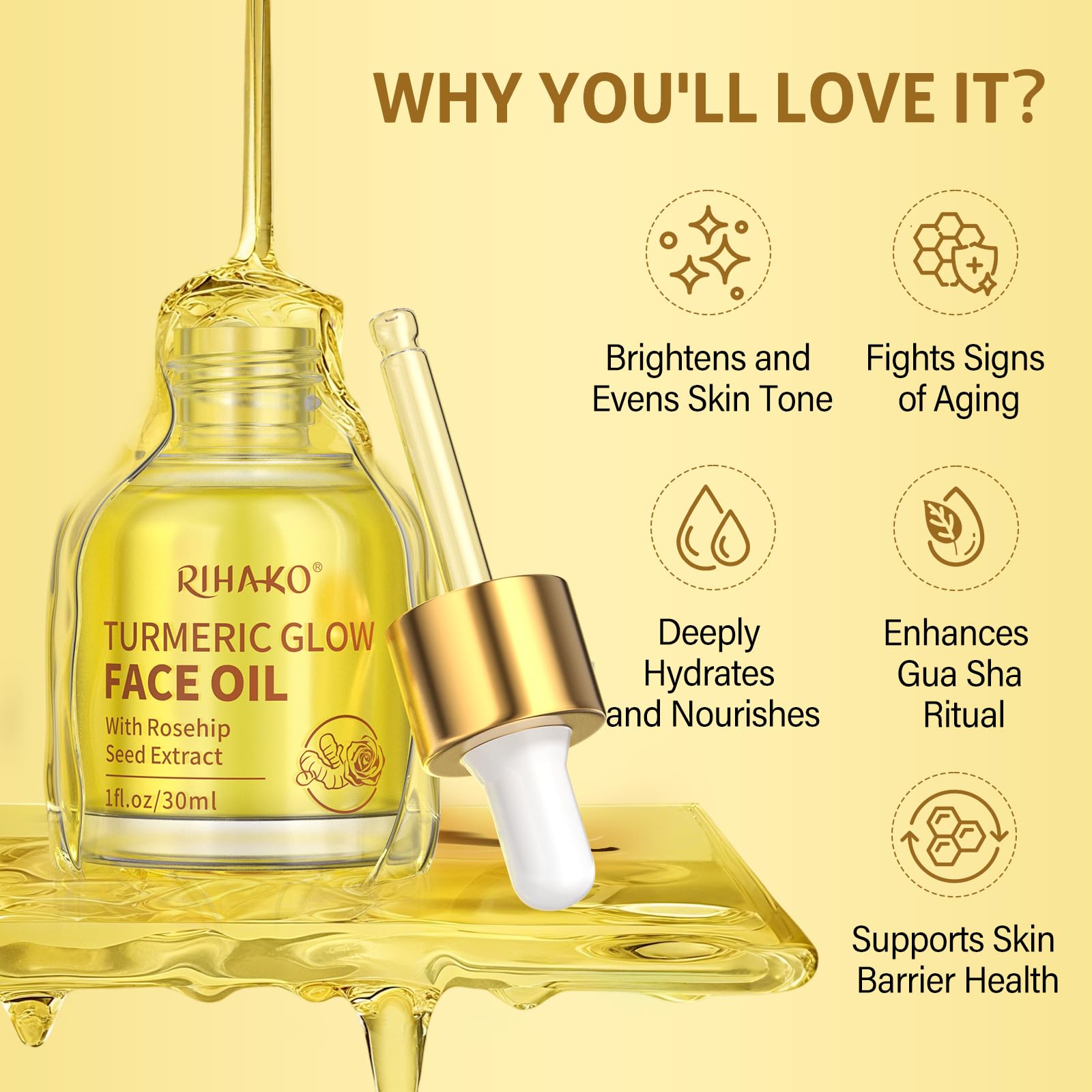 RIHAKO Turmeric Rosehip Face Oil dropper for precise, clean application.