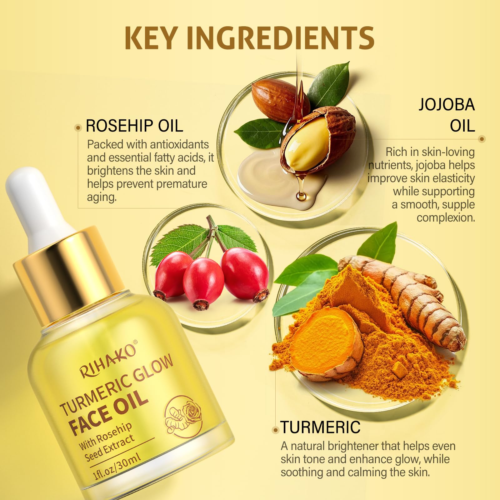 RIHAKO Turmeric Rosehip oil demonstrates gua sha slip on the tool.
