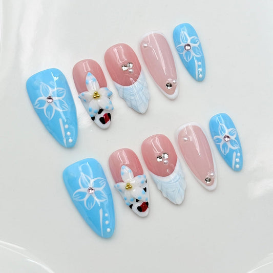 RIICFDD blue French almond press-on nails kit for lasting manicures.