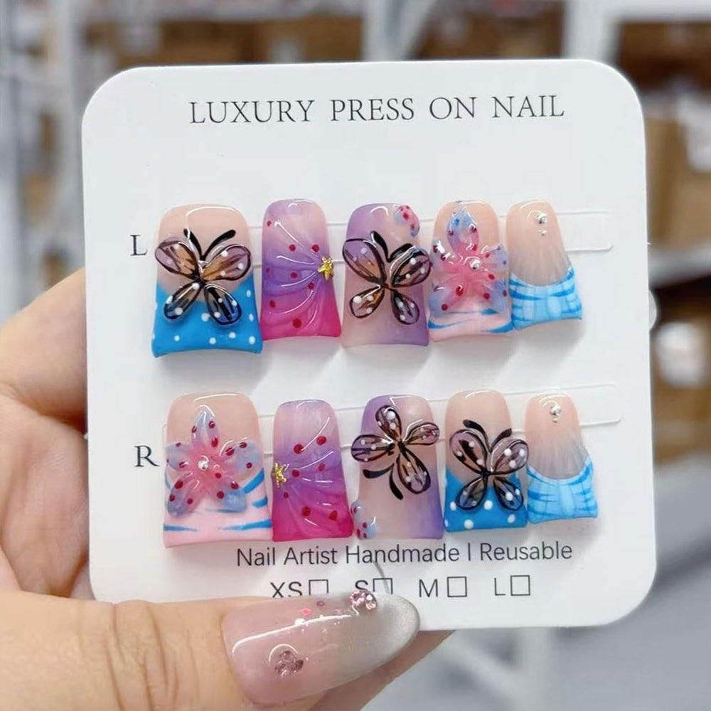 RIICFDD butterfly flower design press-on nails with a glossy finish for long-lasting wear