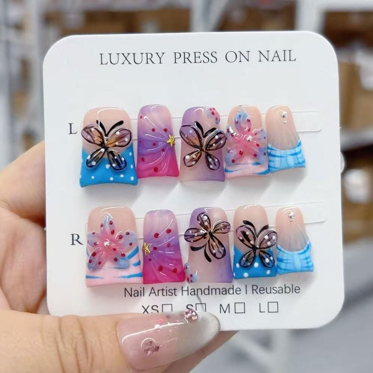 RIICFDD butterfly flower design press-on nails with a glossy finish for long-lasting wear