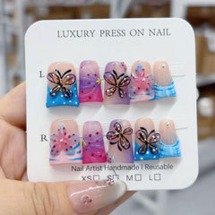 RIICFDD butterfly flower design press-on nails with a glossy finish for long-lasting wear