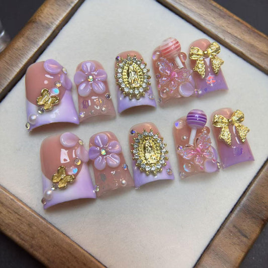 RIICFDD Duck Medium nails with velvet floral design for durable salon-quality at home.