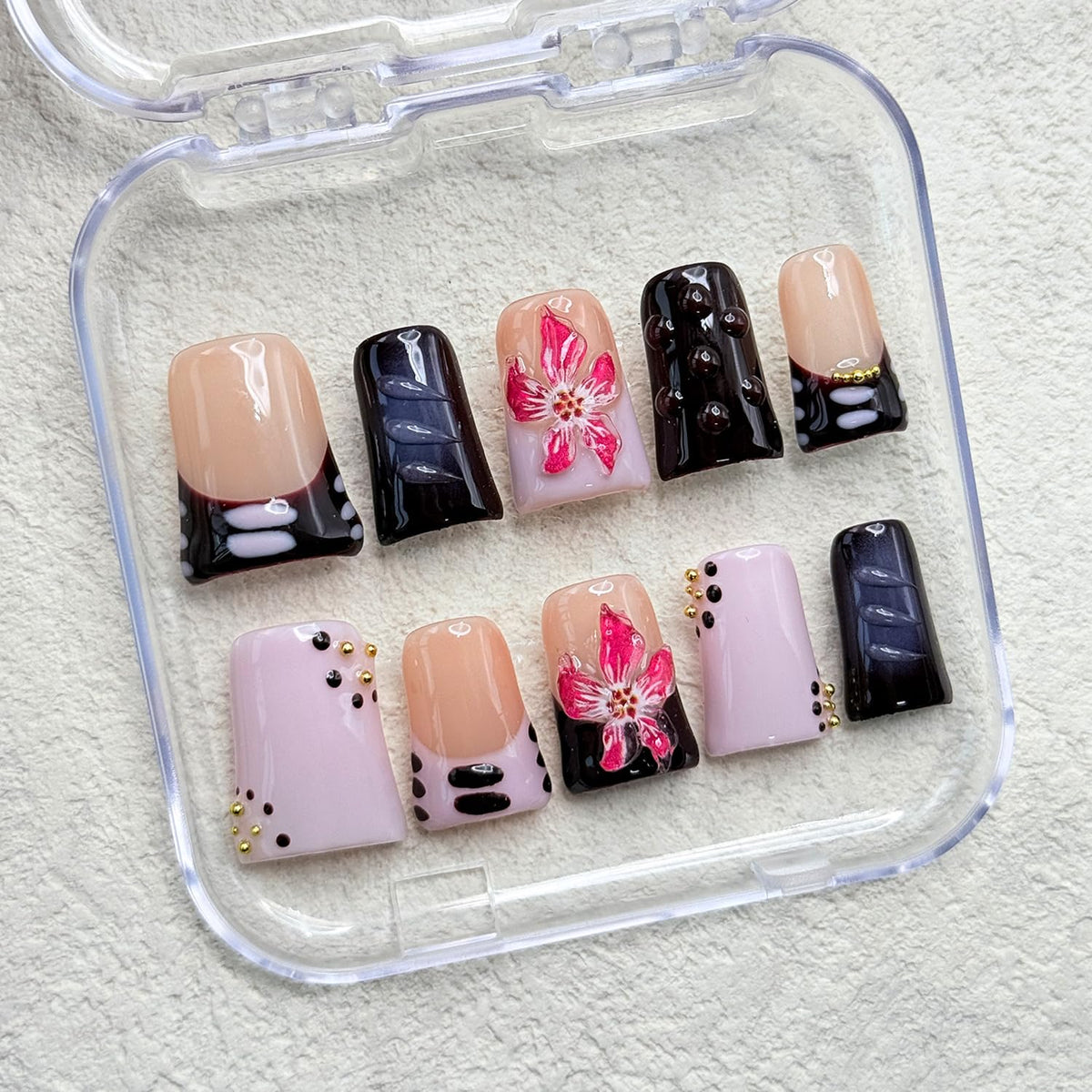 RIICFDD duck press-on nails closeup with bloom design for elevated style
