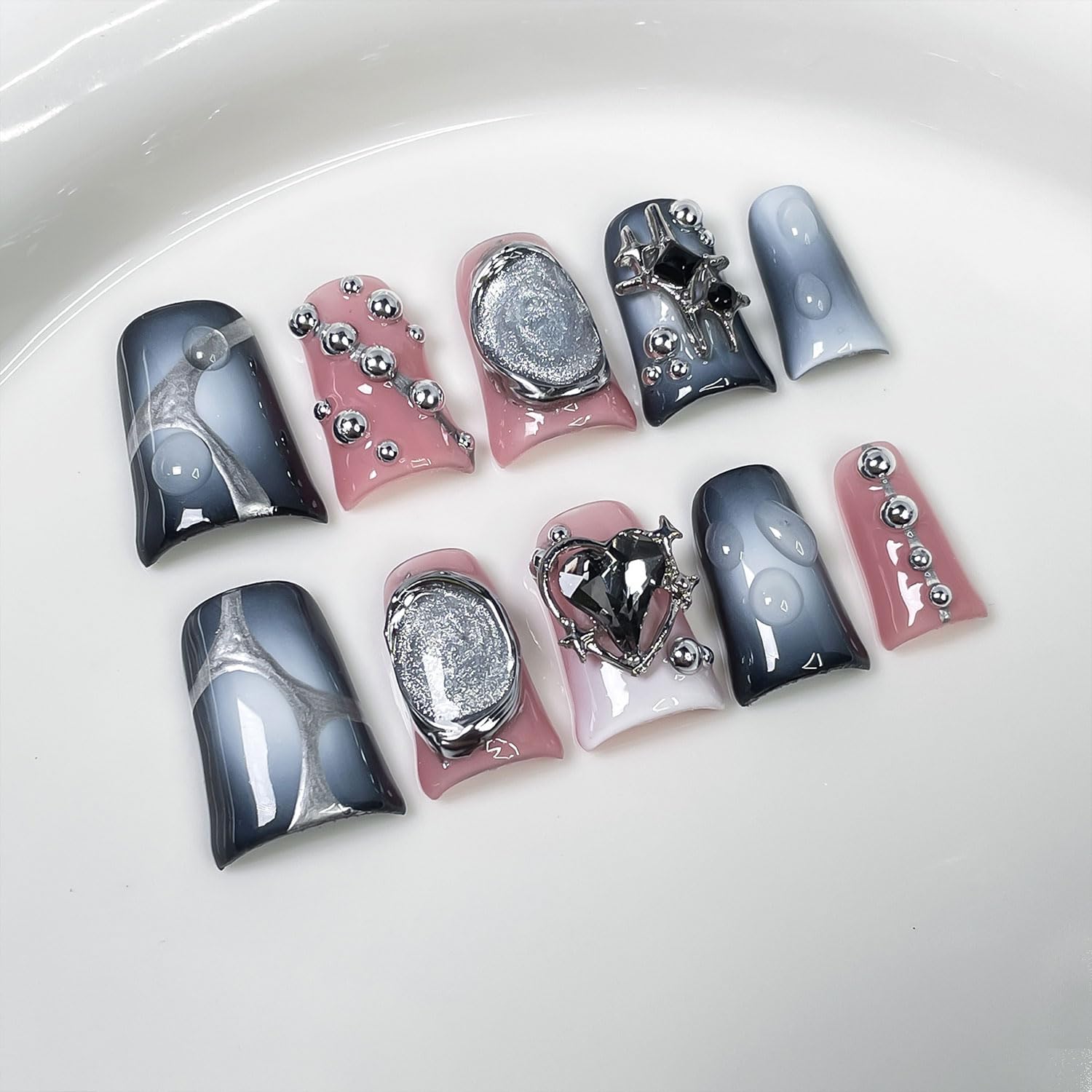 RIICFDD duck press-on nails with blue-white gradient and rhinestones for a chic manicure