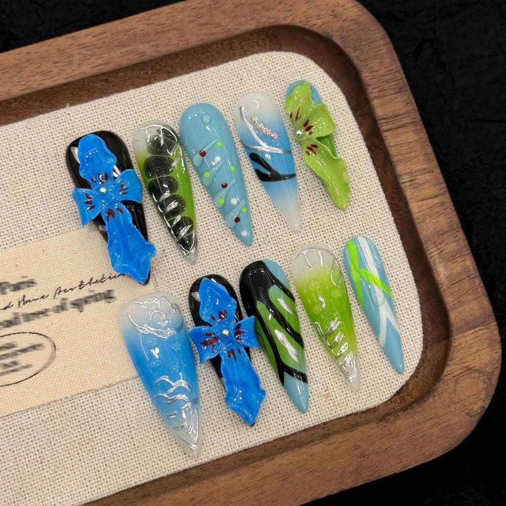RIICFDD front packaging showing brown almond press-on nails and kit benefits