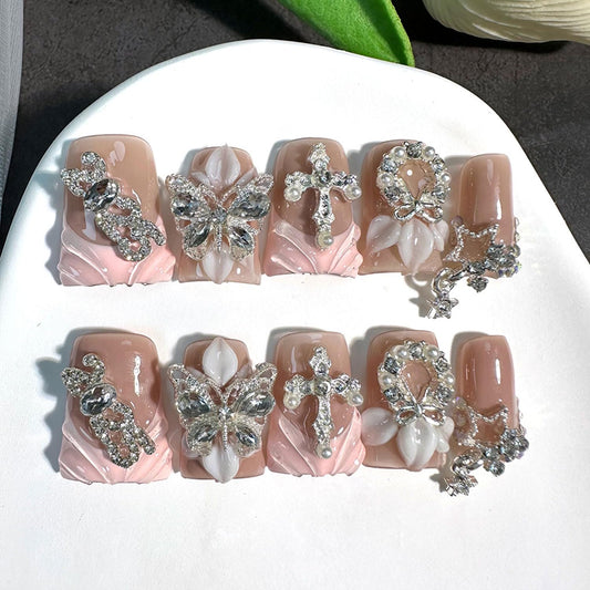RIICFDD glossy short thick nails with French tip for durable daily wear.