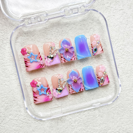 RIICFDD medium duck nails with 3D flower art for stylish everyday wear
