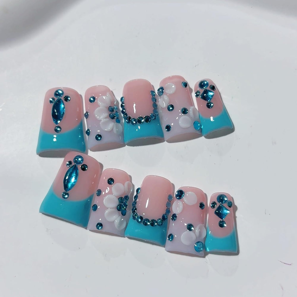 RIICFDD pink and blue color design press-on nails for versatile styling.