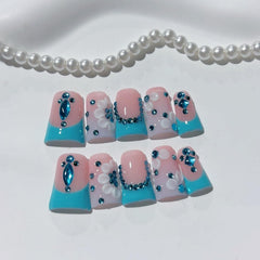 RIICFDD reusable full-cover acrylic nails with blue petal accents for daily wear.