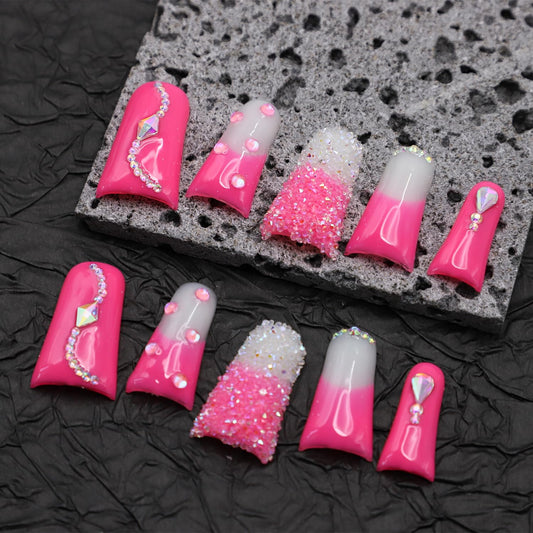 RIICFDD rose-pink nails with rhinestones for quick at-home manicures