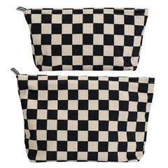 RIKMOXR large checkered makeup bag showing spacious interior for cosmetics and brushes