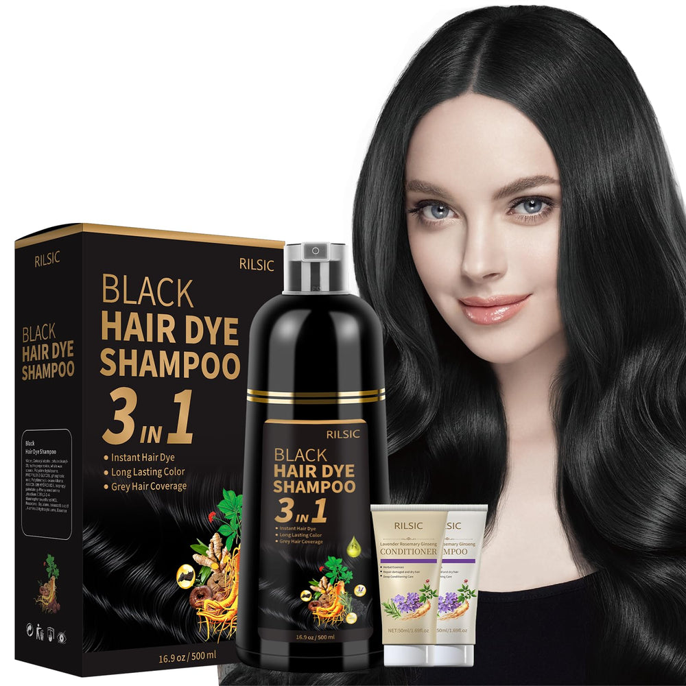 RILSIC black hair dye shampoo bottle for at-home color application.