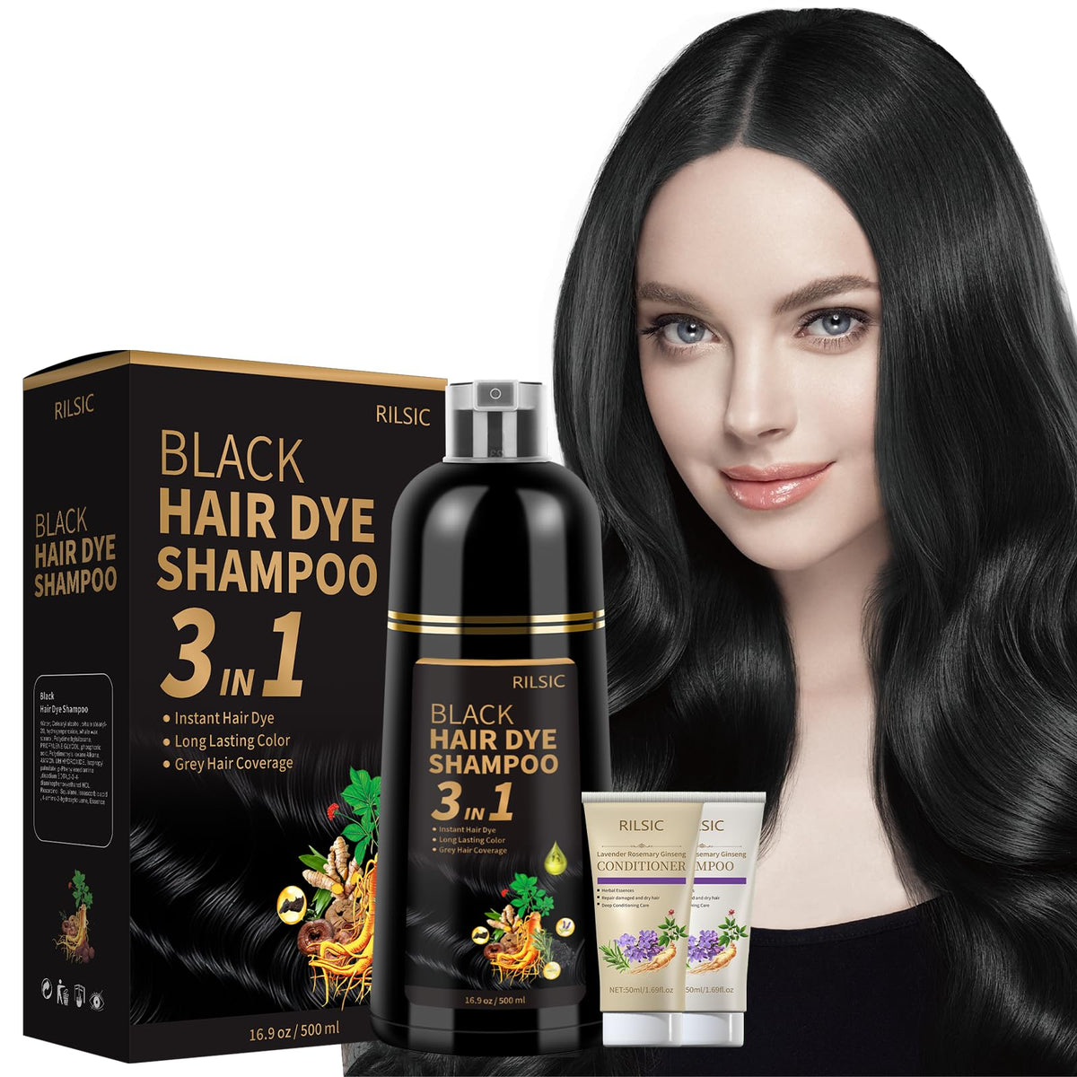 RILSIC black hair dye shampoo bottle for at-home color application.