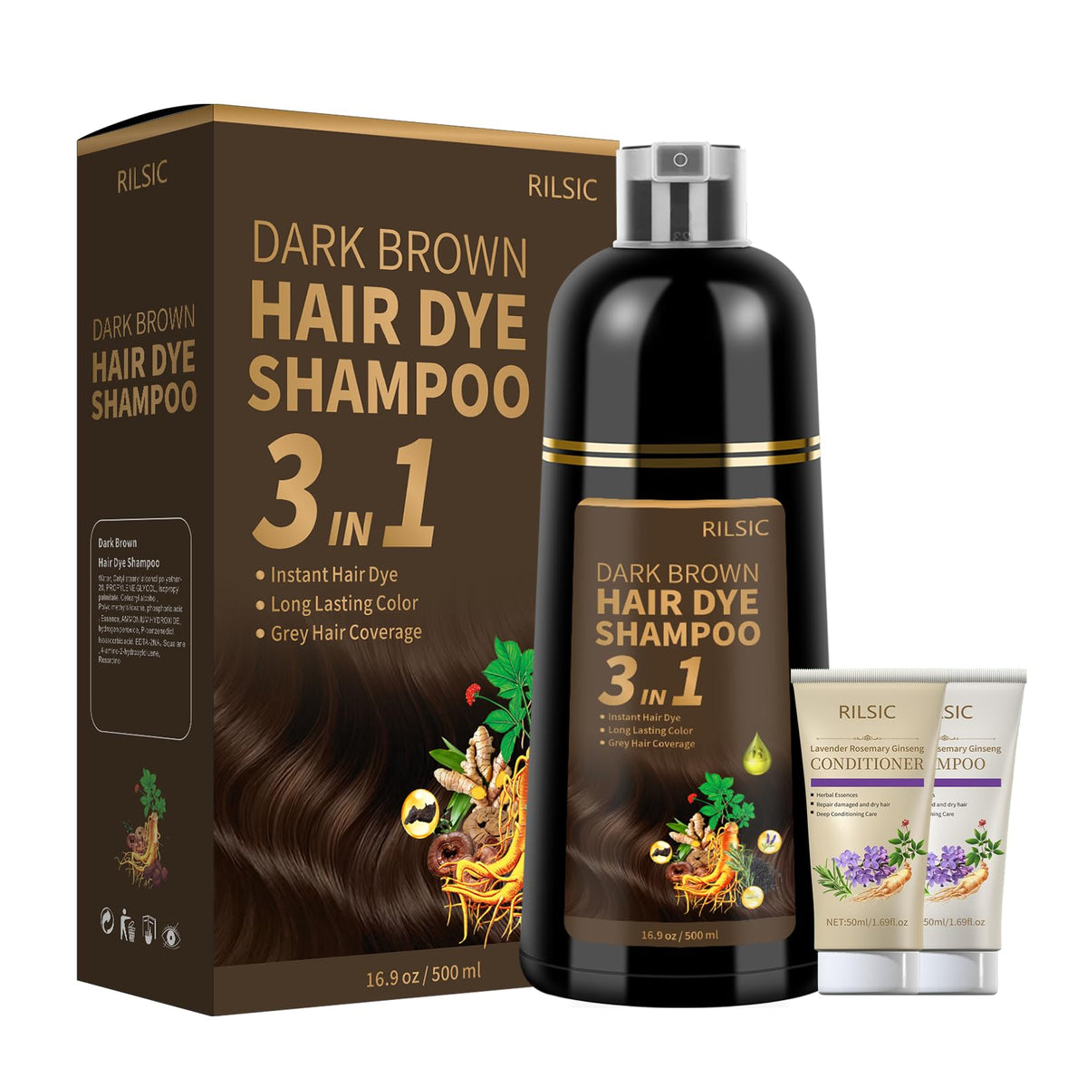 RILSIC dark brown hair dye shampoo bottle demonstrates instant gray coverage at home