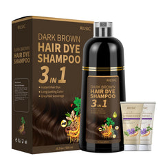 RILSIC dark brown hair dye shampoo bottle demonstrates instant gray coverage at home