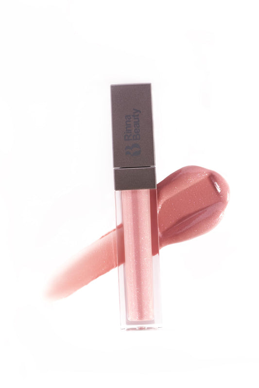 Rinna Beauty Pretty Please lip gloss tube in pink, delivering hydrating shine.
