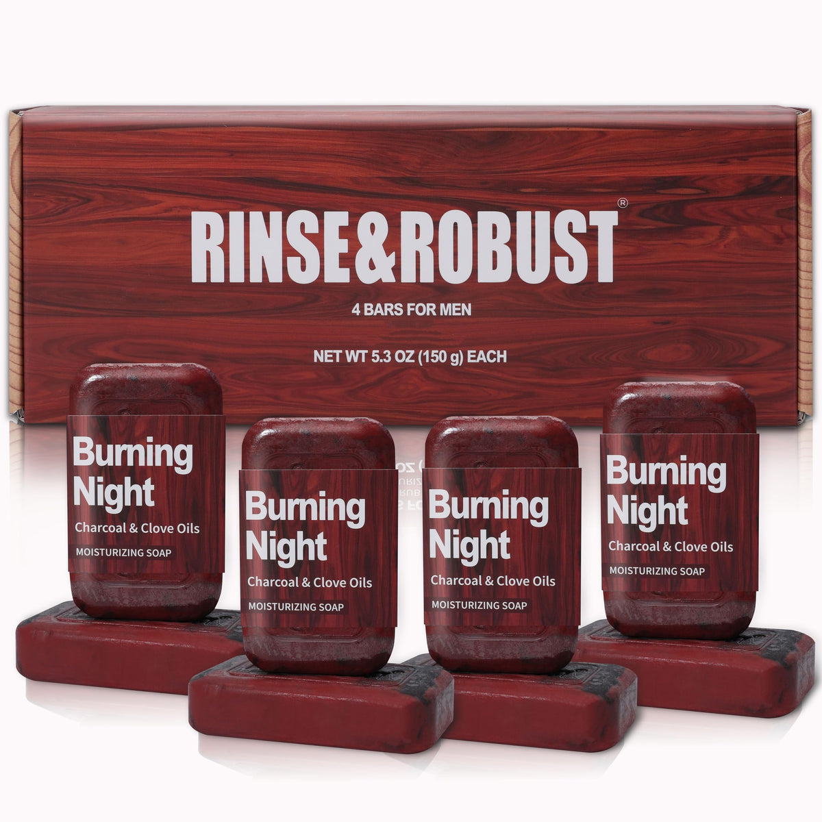 Rinse & Robust charcoal-clove soap bar set for face, body, and hands, exfoliating and hydrating.