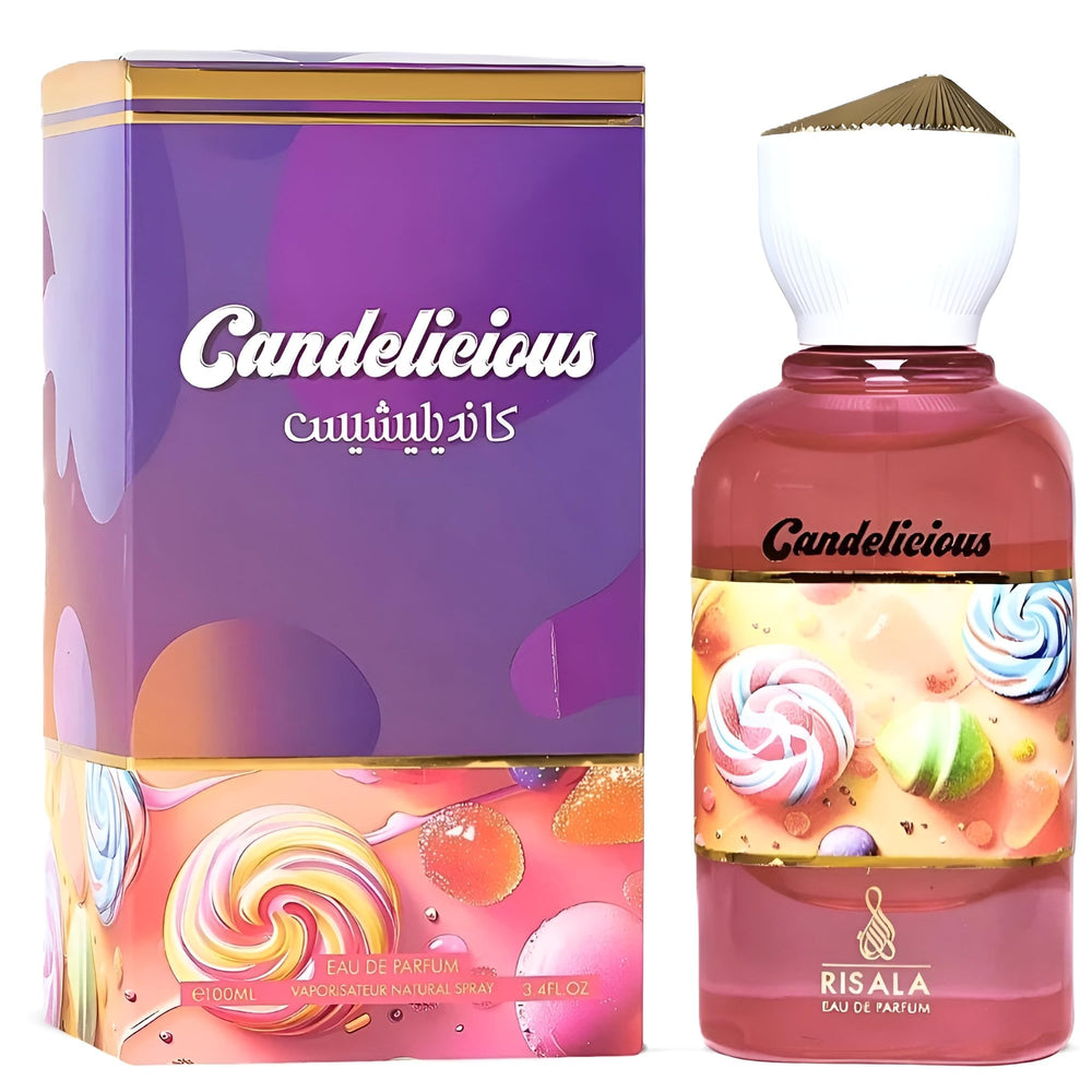 Risala Candelicious bottle angle highlights the creamy vanilla and marshmallow dry-down.