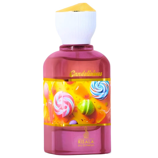 Risala Candelicious bottle front view, a playful gourmand fragrance for everyday confidence.