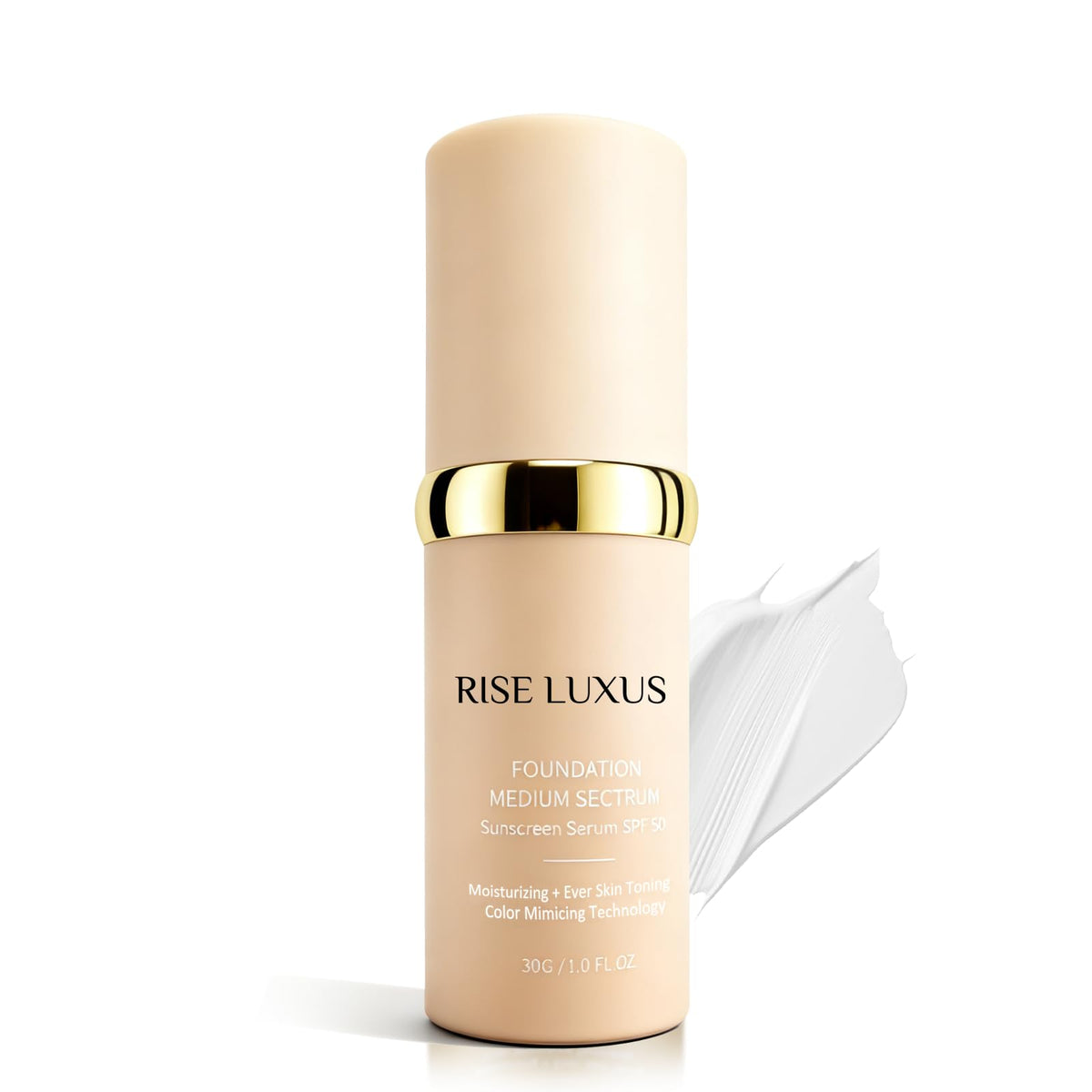 Rise Luxus Ultrablend 4-in-1 foundation bottle showing smooth, natural coverage.