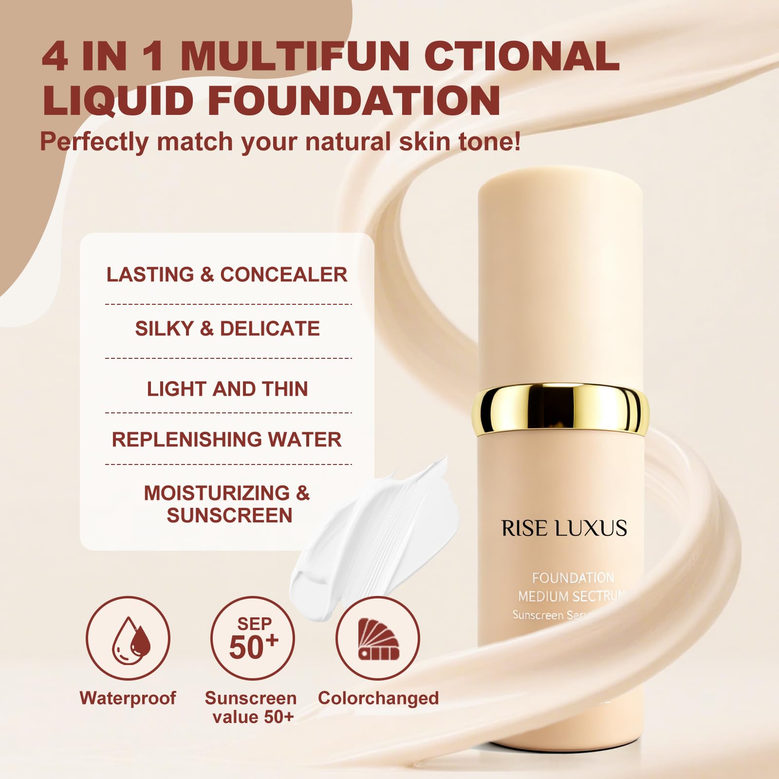 Rise Luxus Ultrablend 4-in-1 foundation pump for easy, controlled application.