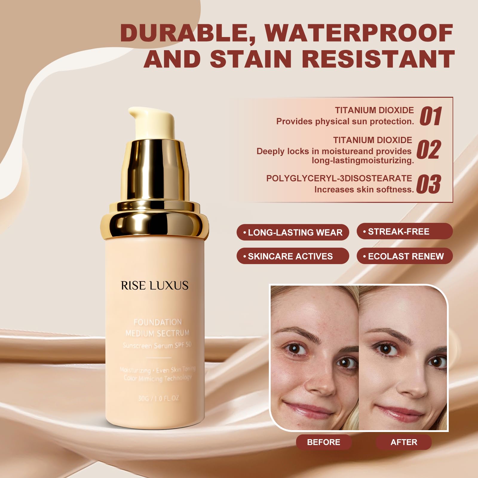 Rise Luxus Ultrablend foundation with SPF 50 label for sun protection.