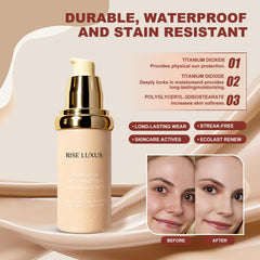 Rise Luxus Ultrablend foundation with SPF 50 label for sun protection.
