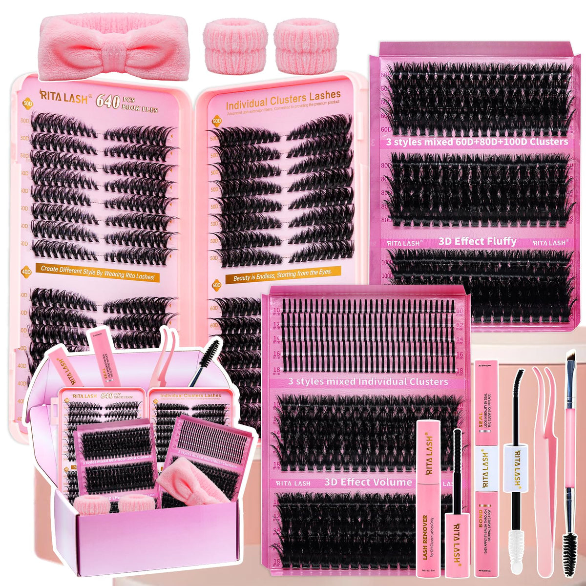 RITALASH lash clusters kit with four boxes offers 3D cat-eye options for versatile looks.