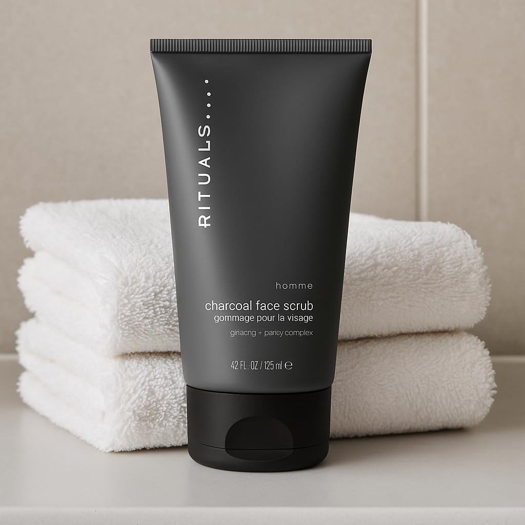 125ml jar of RITUALS Homme Charcoal Face Scrub displayed, convenient size for travel and home use.