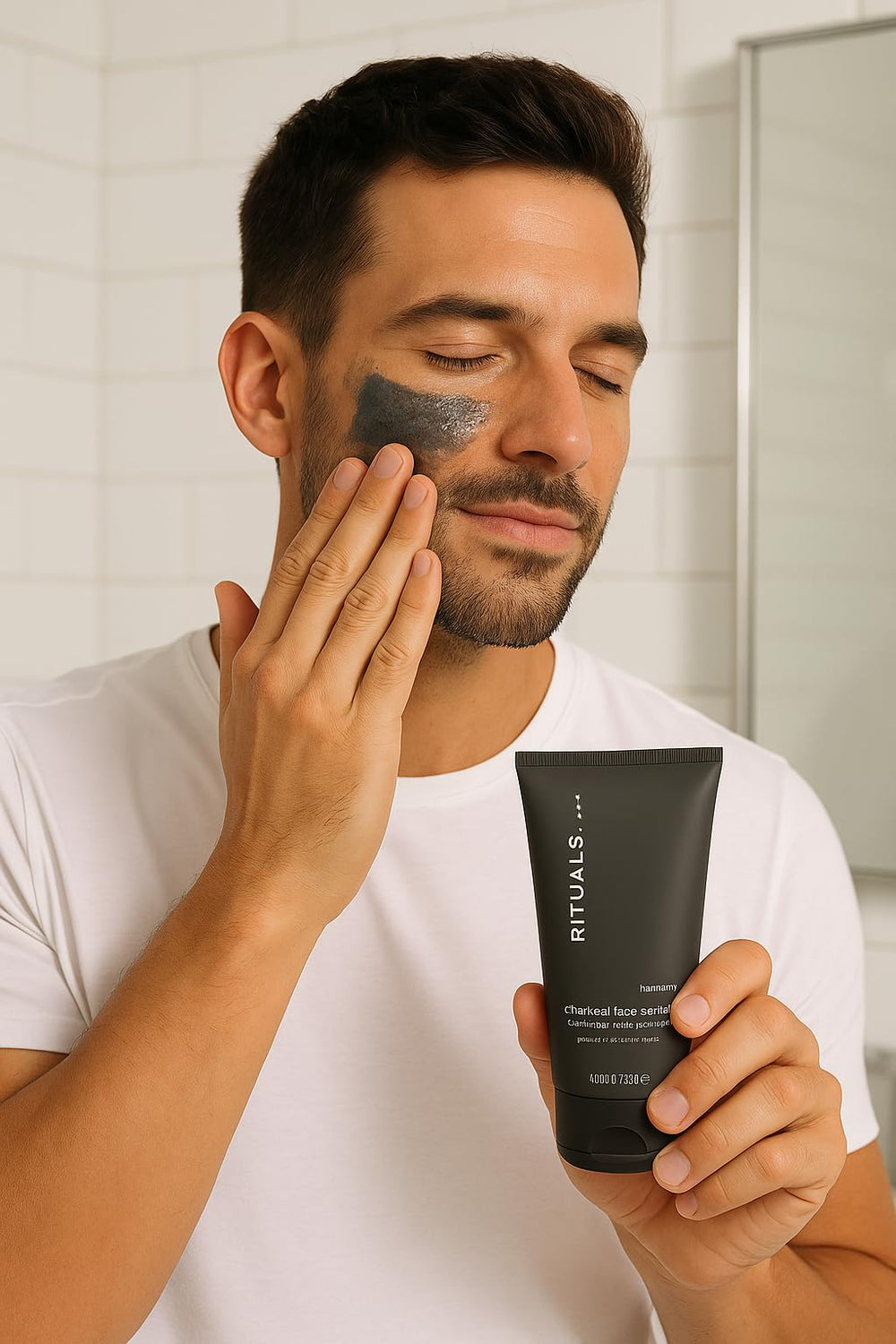 Applying RITUALS Homme Charcoal Face Scrub on facial skin, target impurities with gentle scrub action.