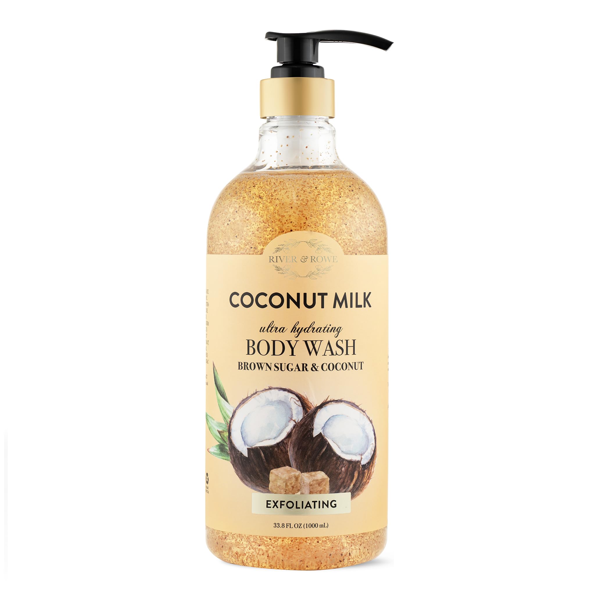 River & Rowe Coconut Milk & Brown Sugar Exfoliating Body Wash bottle pour for hydrated skin