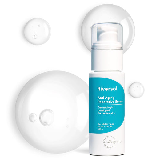 Riversol anti-aging serum bottle closeup for gentle brightening on sensitive skin