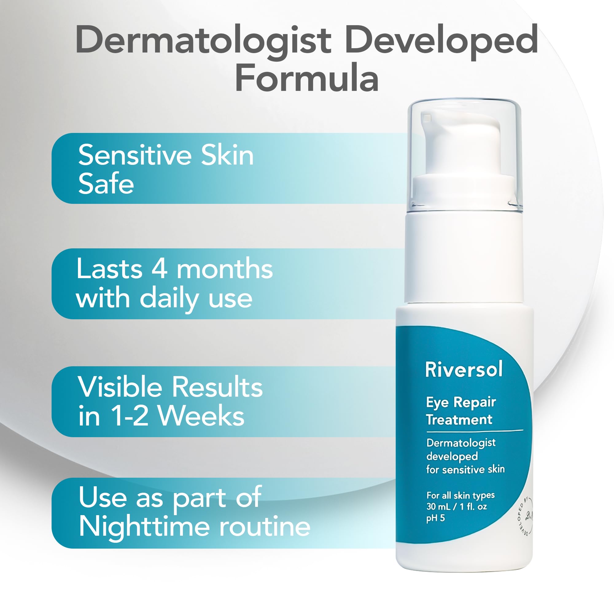 Riversol Peptide Eye Cream application close-up for gentle hydration around the eye area.