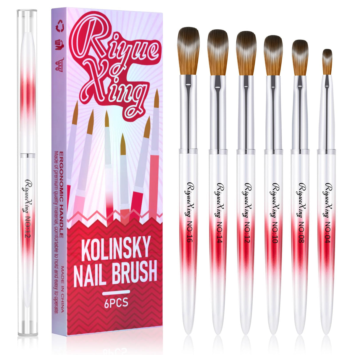 RIYUEXING acrylic nail brush set with Kolinsky hair and red handle for smooth, consistent application.