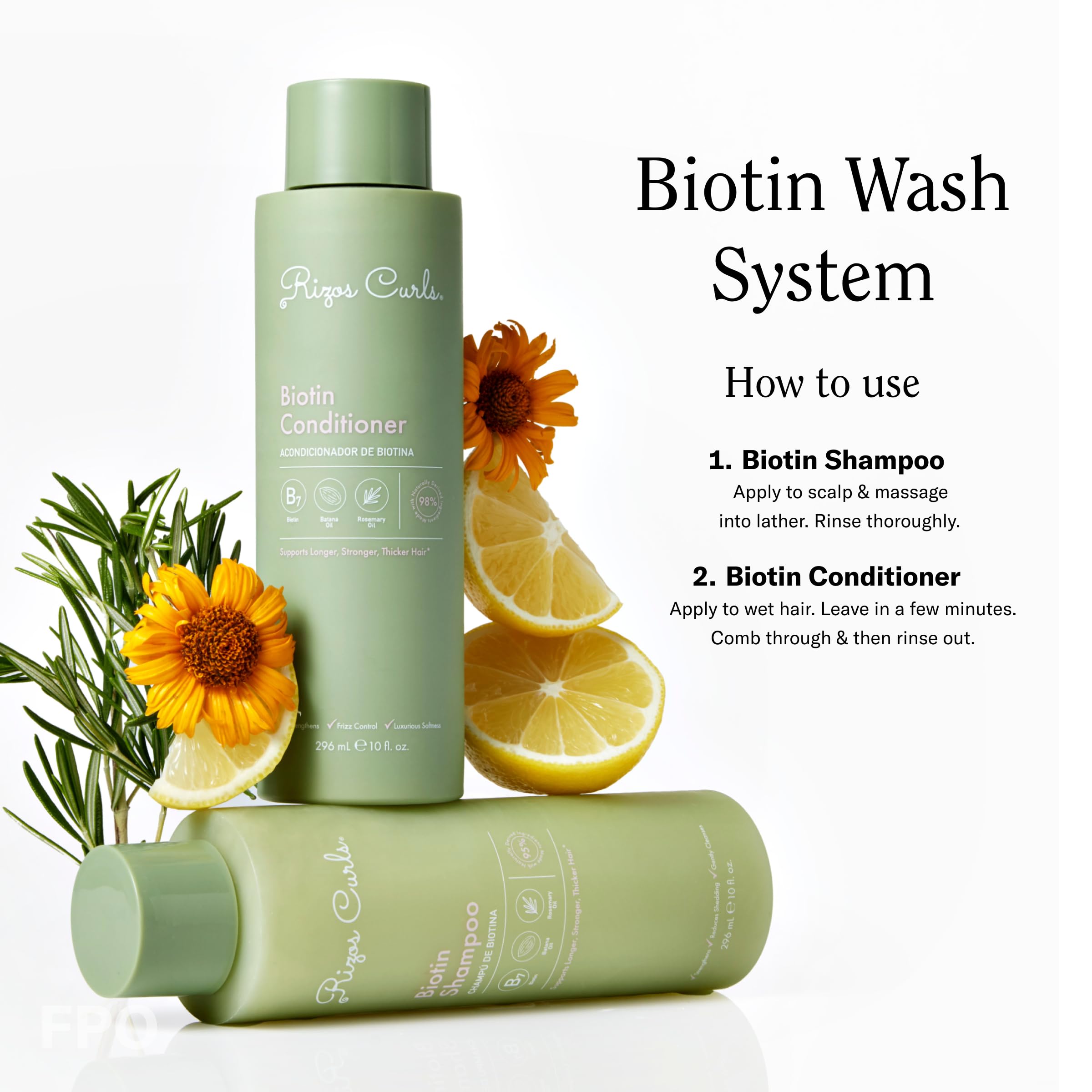Rizos Curls Biotin Shampoo bathroom-shelf scene suggests clean beauty routine.