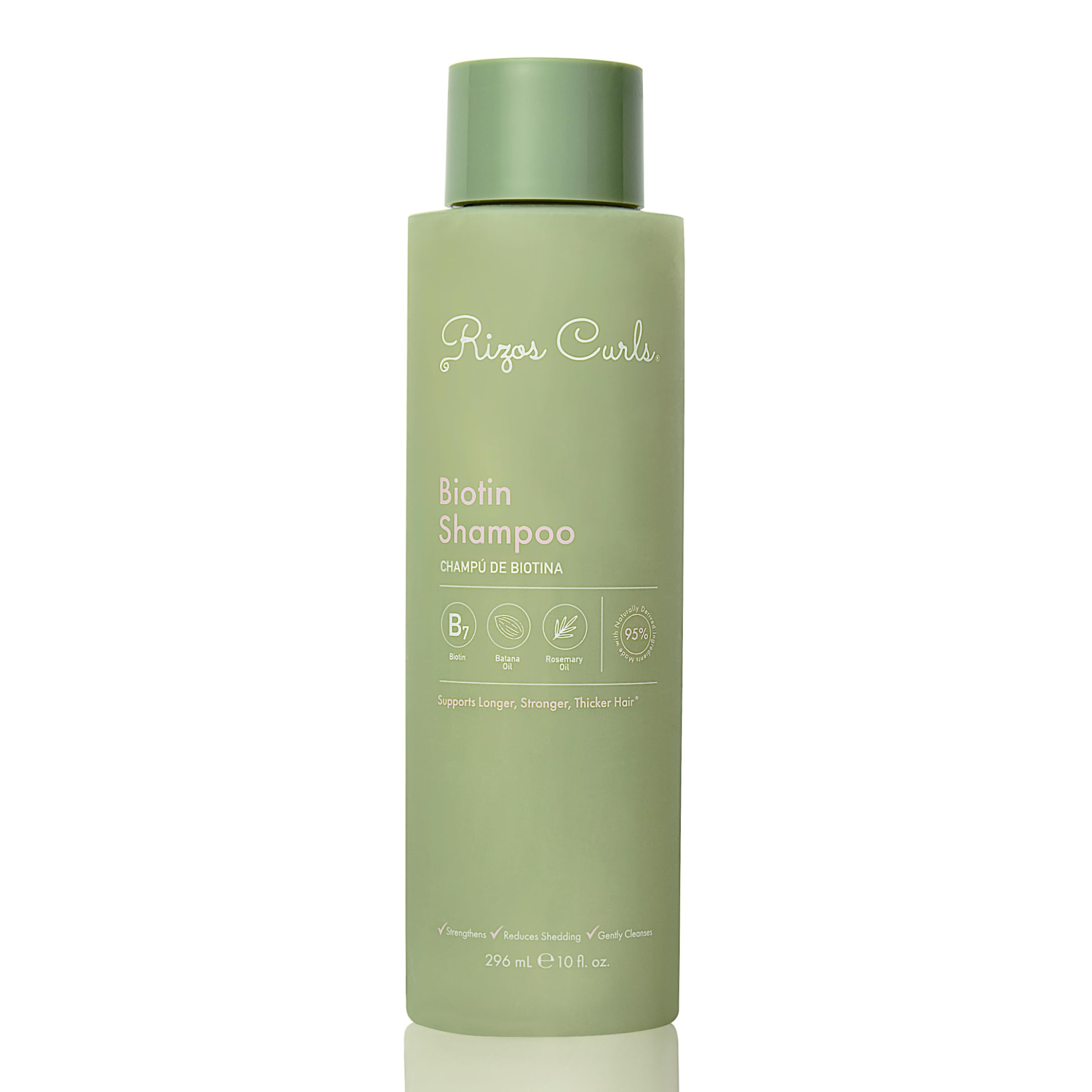 Rizos Curls Biotin Shampoo bottle-front highlights sulfate-free formula for all hair types.