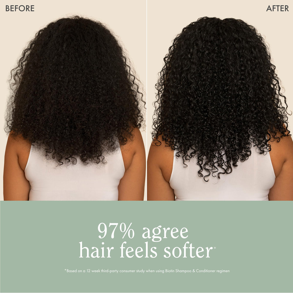 Rizos Curls Biotin Shampoo color-treated hair closeup signals gentle cleansing.