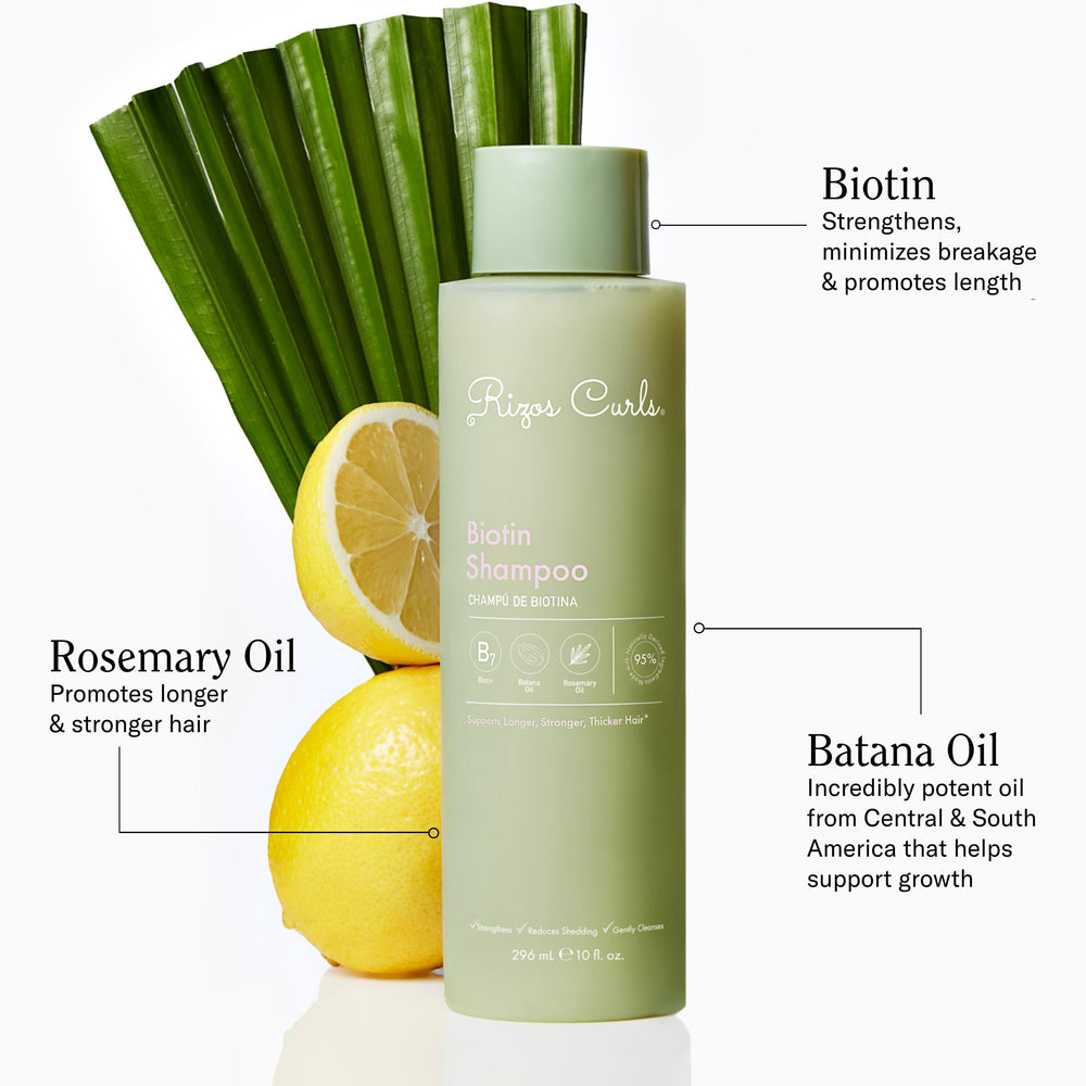 Rizos Curls Biotin Shampoo label closeup shows ingredients and vegan formula.