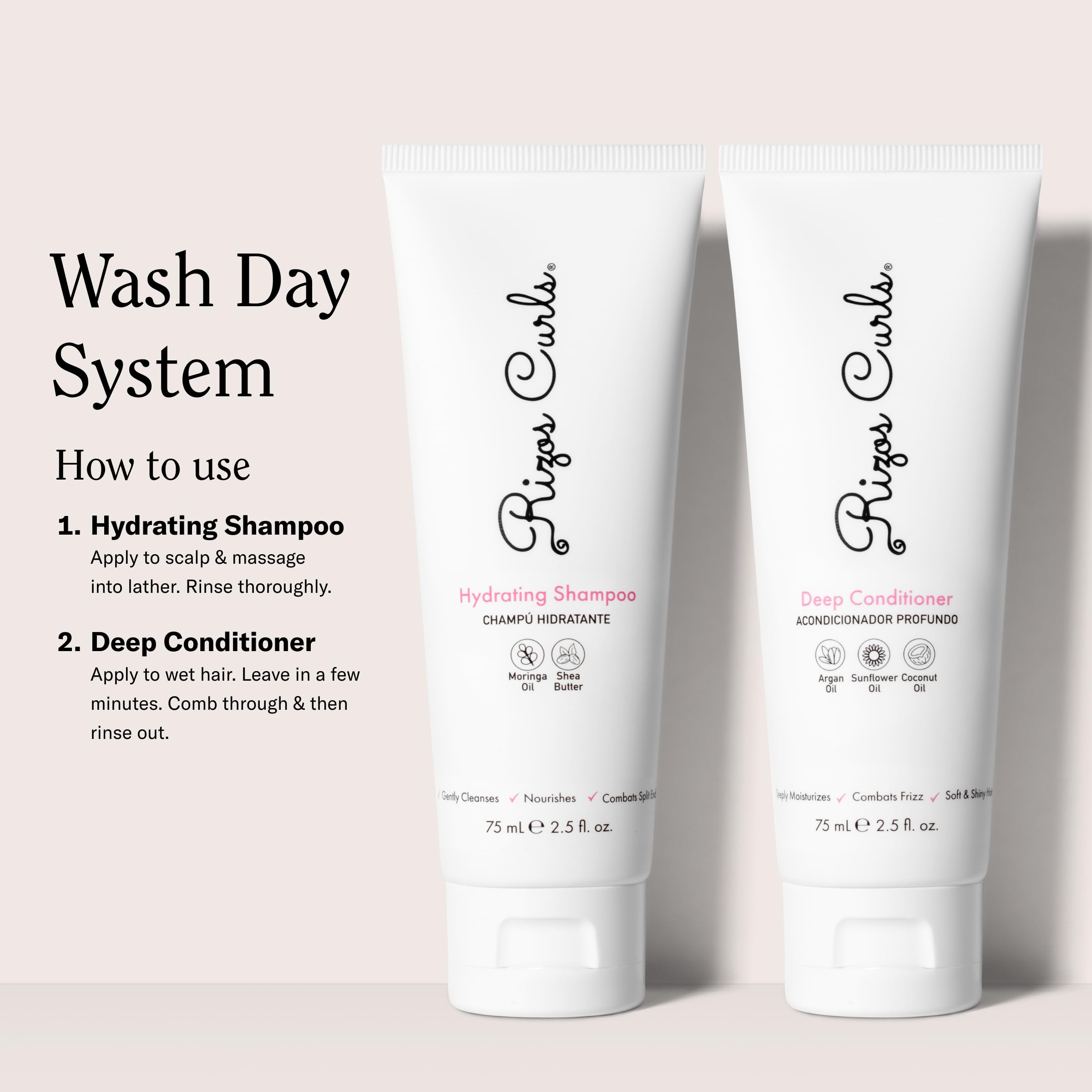 Rizos Curls Deep Conditioner label close-up highlights hydration and shine.