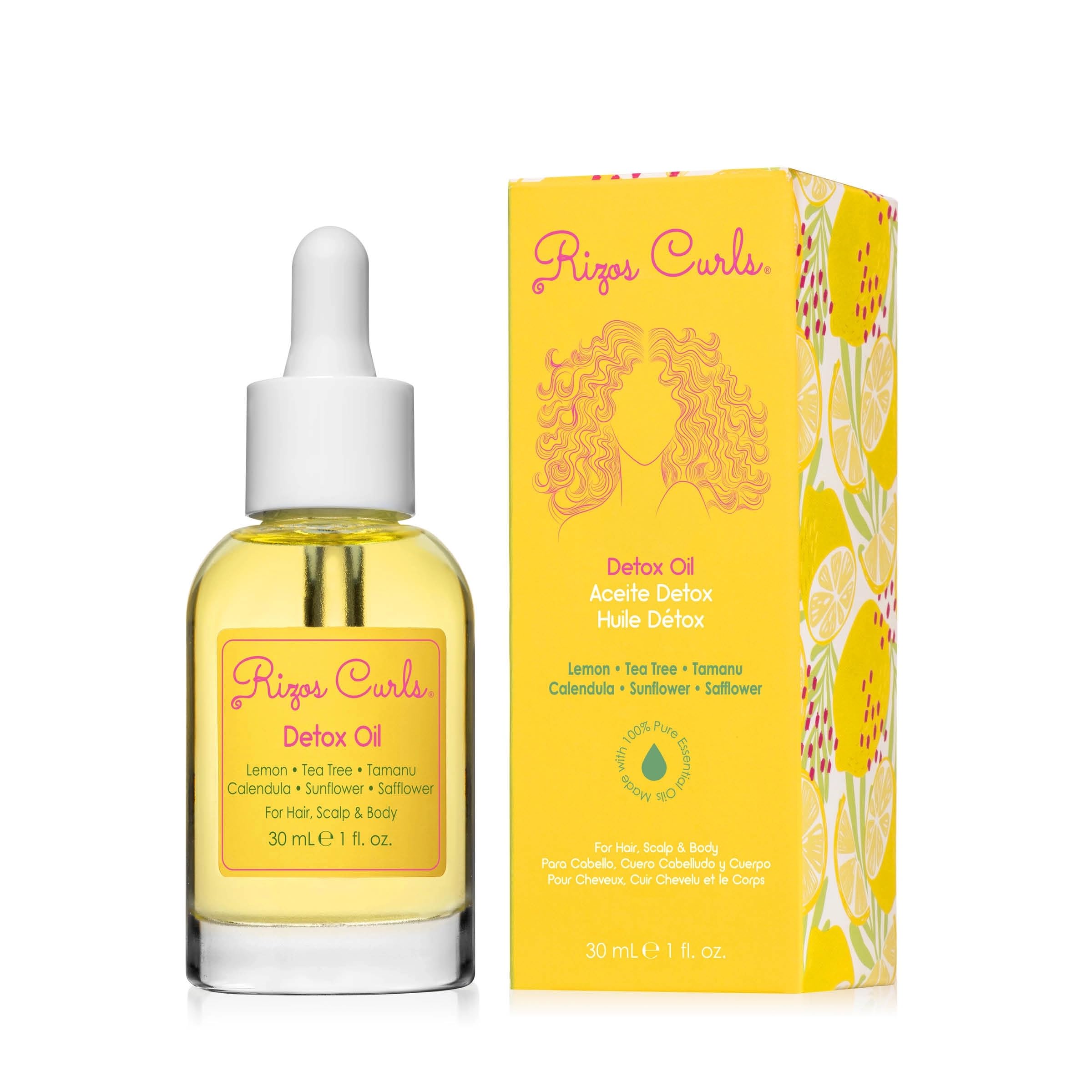 Rizos Curls Detox Oil bottle for detox and balance on scalp and hair.