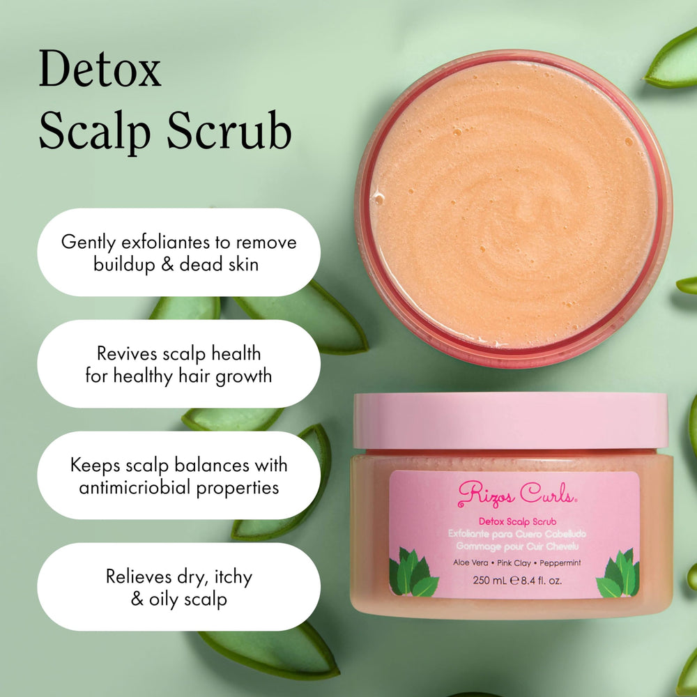 Rizos Curls Detox Scalp Scrub used with Scalp Massage Brush for exfoliation