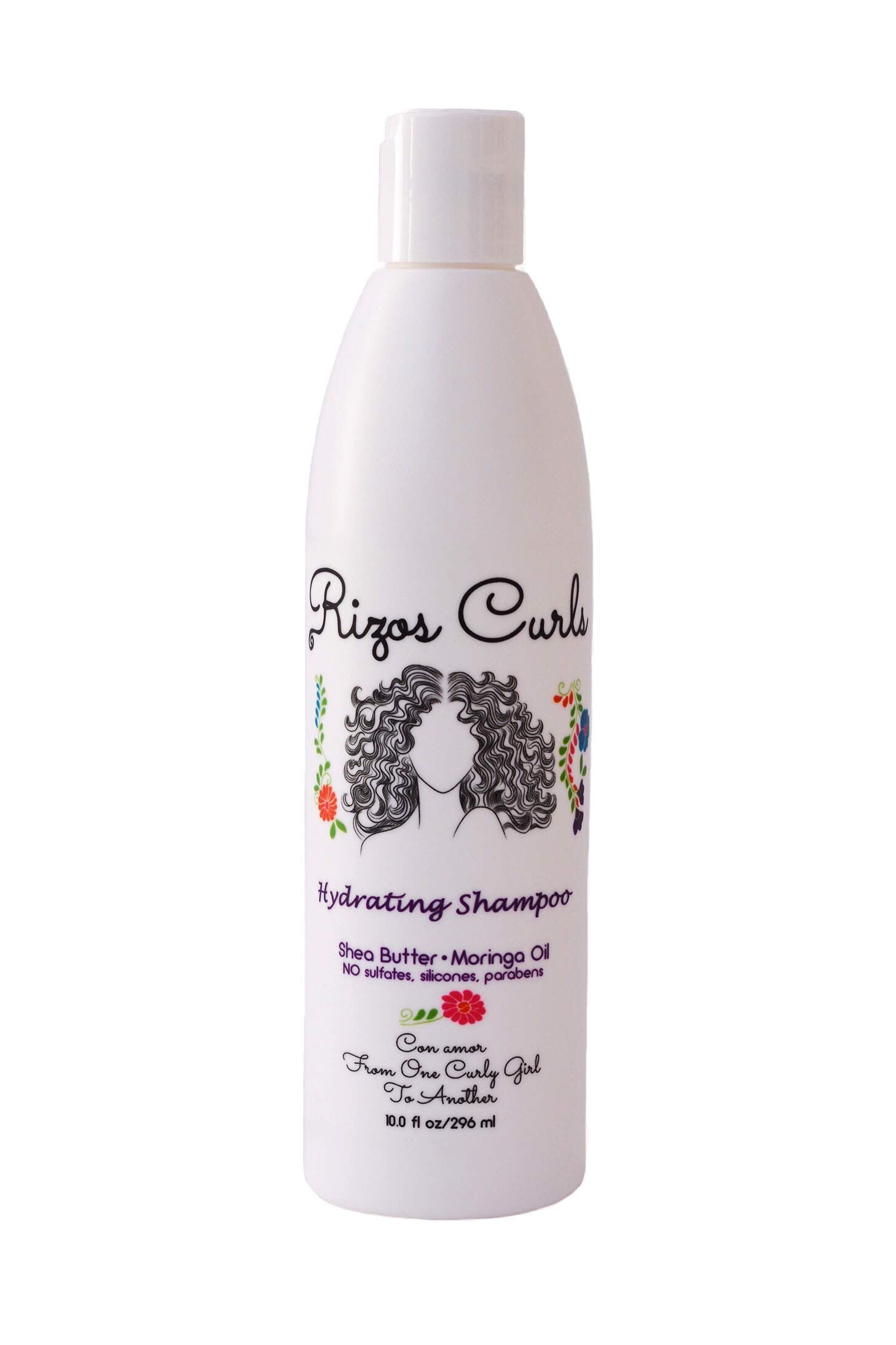 Rizos Curls Hydrating Shampoo bottle front view showing moisture for curls.