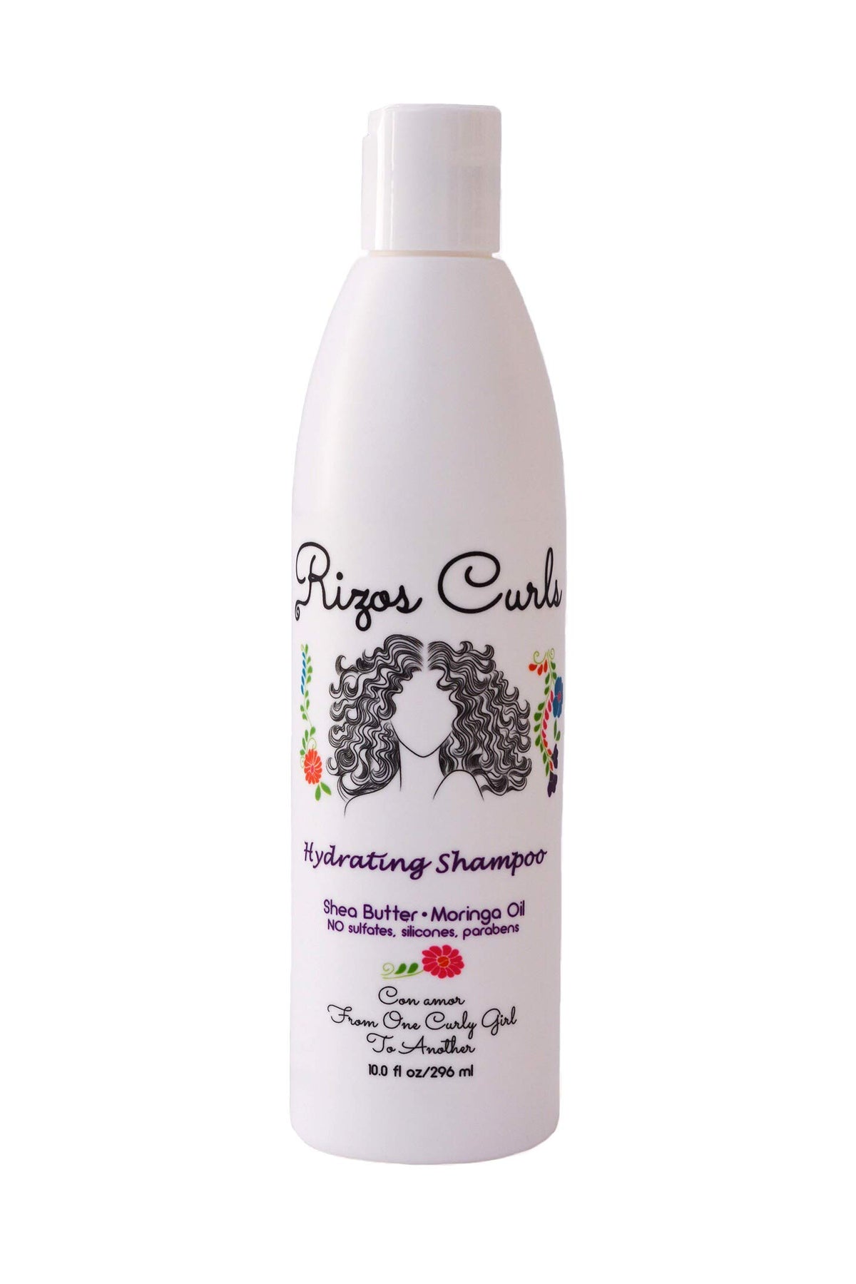 Rizos Curls Hydrating Shampoo bottle front view showing moisture for curls.